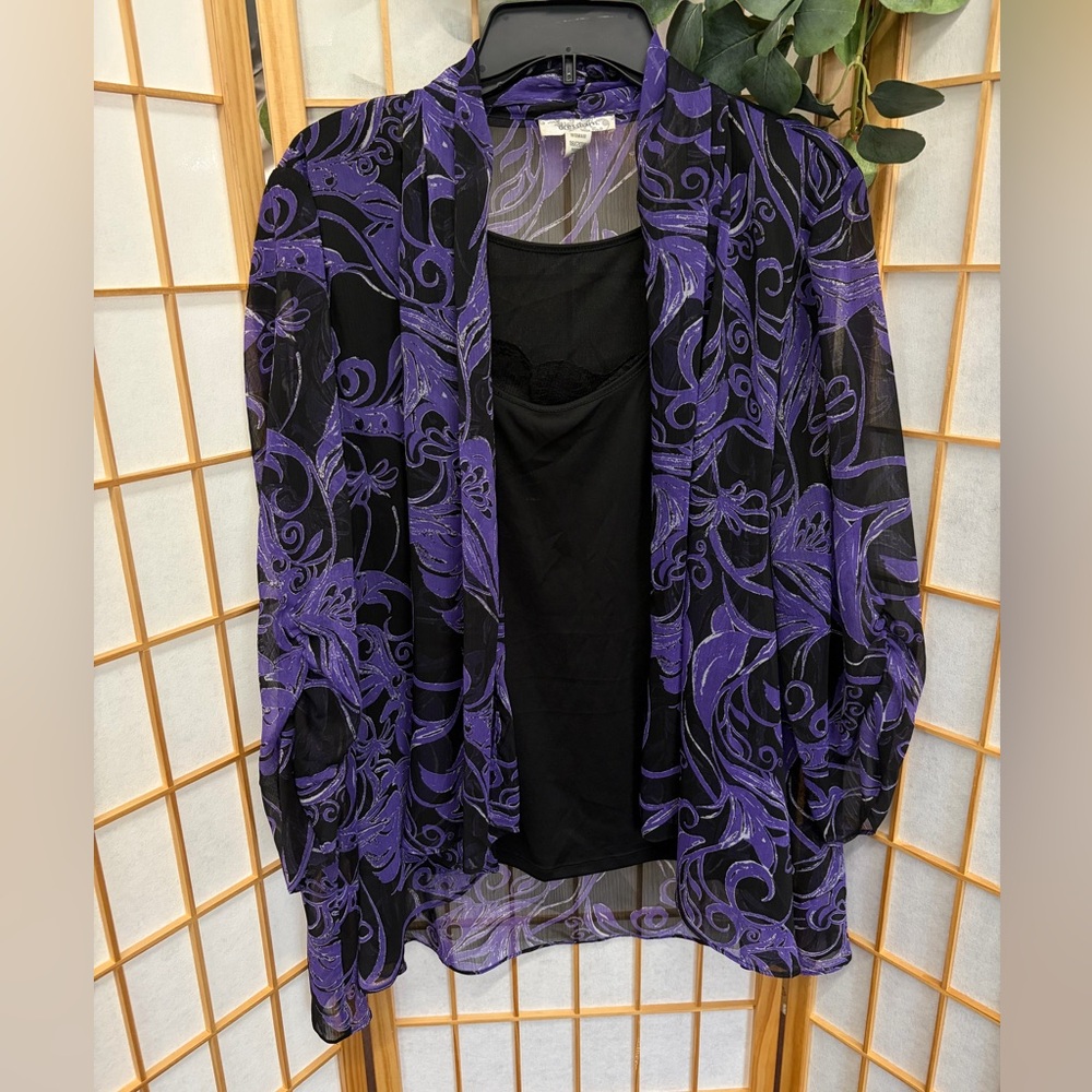 Sheer Black & Purple Floral Open Cardigan - Women's Top